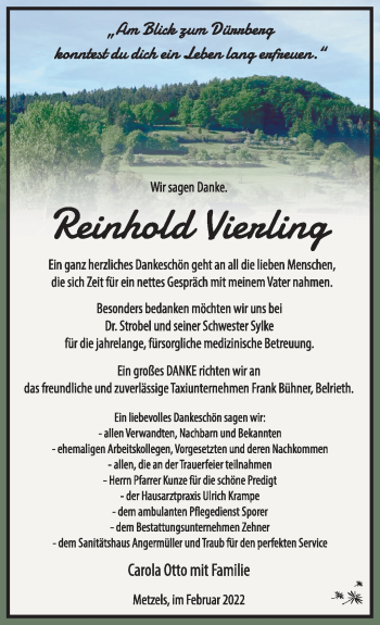 Traueranzeige von Reinhold Vierling von Südthüringer Presse