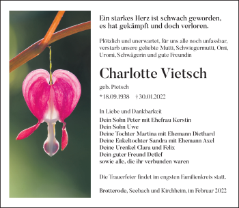 Traueranzeige von Charlotte Vietsch von Südthüringer Presse