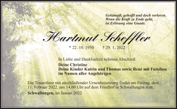 Traueranzeige von Hartmut Scheffler von Südthüringer Presse