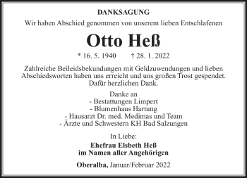 Traueranzeige von Otto Heß von Südthüringer Presse