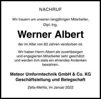 Traueranzeige von Dipl.-Ing. Werner Albert von Südthüringer Presse