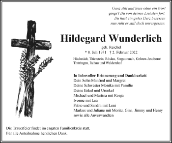 Traueranzeige von Hildegard Wunderlich von Frankenpost