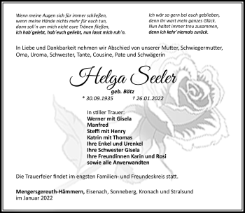 Traueranzeige von Helga Seeler von Südthüringer Presse