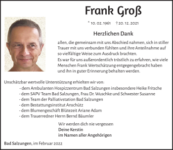 Traueranzeige von Frank Groß von Südthüringer Presse