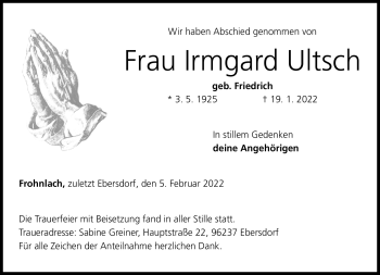 Traueranzeige von Irmgard Ultsch von Neue Presse Coburg
