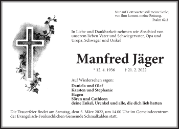 Traueranzeige von Manfred Jäger von Südthüringer Presse