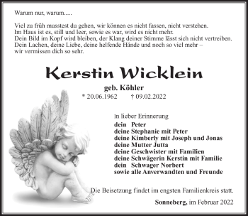 Traueranzeige von Kerstin Wicklein von Südthüringer Presse