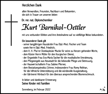 Traueranzeige von Kurt Barnikol-Oettler von Südthüringer Presse