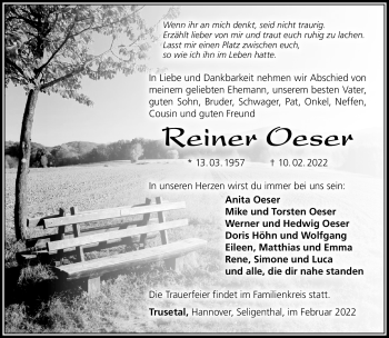 Traueranzeige von Reiner Oeser von Südthüringer Presse