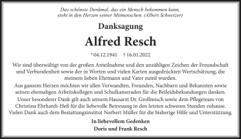 Traueranzeige von Alfred Resch von Südthüringer Presse