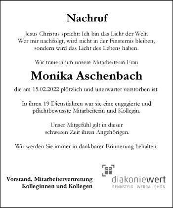 Traueranzeige von Monika Aschenbach von Südthüringer Presse