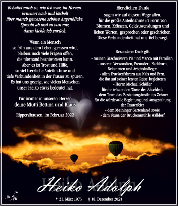 Traueranzeige von Heiko Adolph von Südthüringer Presse