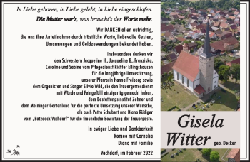 Traueranzeige von Gisela Witter von Südthüringer Presse