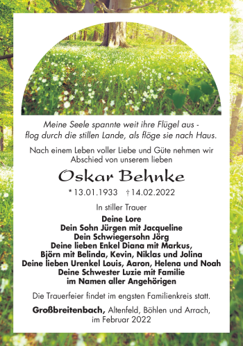Traueranzeige von Oskar Behnke von Südthüringer Presse