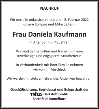 Traueranzeige von Daniela Kaufmann von Südthüringer Presse