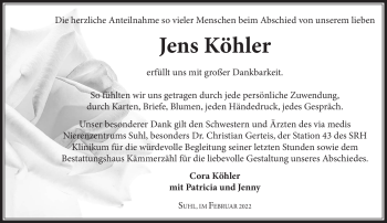 Traueranzeige von Jens Köhler von Südthüringer Presse