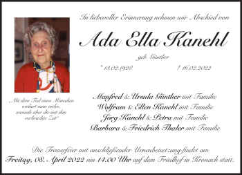 Traueranzeige von Ada Kanehl von Neue Presse Coburg