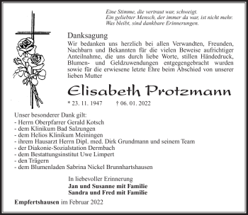 Traueranzeige von Elisabeth Protzmann von Südthüringer Presse