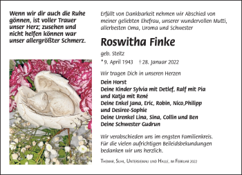 Traueranzeige von Roswitha Finke von Südthüringer Presse