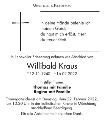 Traueranzeige von Willibald Kraus von Frankenpost