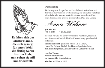 Traueranzeige von Anna Wehner von Südthüringer Presse