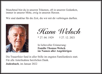 Traueranzeige von Hans Welsch von Südthüringer Presse