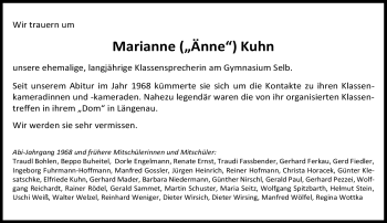 Traueranzeige von Marianne Kuhn von Frankenpost