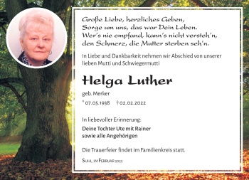 Traueranzeige von Helga Luther von Südthüringer Presse