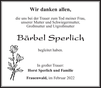 Traueranzeige von Bärbel Sperlich von Südthüringer Presse