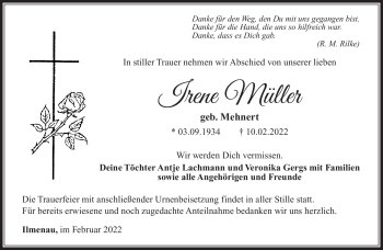 Traueranzeige von Irene Müller von Südthüringer Presse