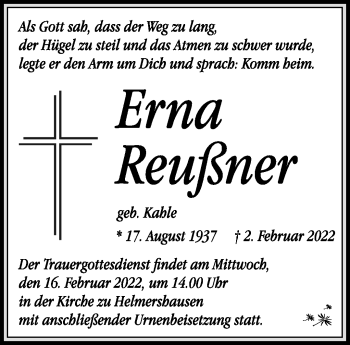 Traueranzeige von Erna Reußner von Südthüringer Presse