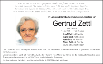 Traueranzeige von Gertrud Zettl von Neue Presse Coburg