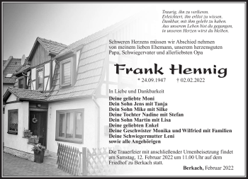Traueranzeige von Frank Hennig von Südthüringer Presse