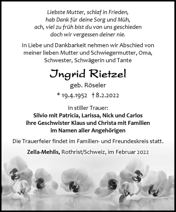 Traueranzeige von Ingrid Rietzel von Südthüringer Presse