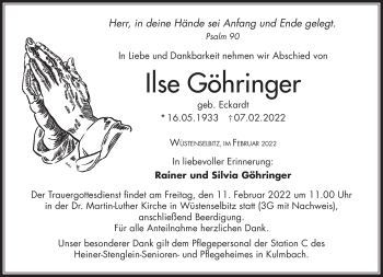 Traueranzeige von Ilse Göhringer von Frankenpost