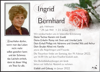 Traueranzeige von Ingrid Bernhard von Südthüringer Presse