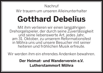 Traueranzeige von Gotthard Debelius von Südthüringer Presse