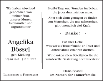 Traueranzeige von Angelika Bössel von Südthüringer Presse