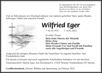 Traueranzeige von Wilfried Eger von Südthüringer Presse