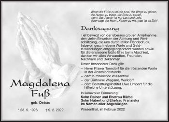 Traueranzeige von Magdalena Fuß von Südthüringer Presse