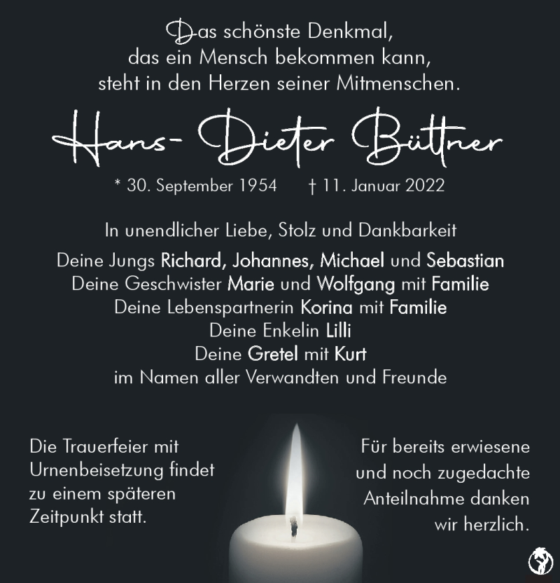 Traueranzeige für Hans-Dieter Büttner vom 05.02.2022 aus Südthüringer Presse