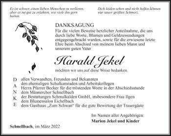 Traueranzeige von Harald Jekel von Südthüringer Presse