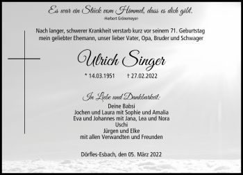 Traueranzeige von Ulrich Singer von Neue Presse Coburg