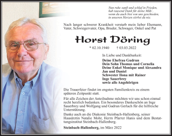 Traueranzeige von Horst Döring von Südthüringer Presse