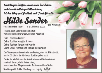 Traueranzeige von Hilde Sonder von Südthüringer Presse