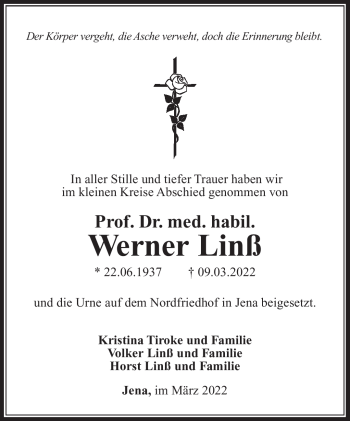 Traueranzeige von Werner Linß von Südthüringer Presse