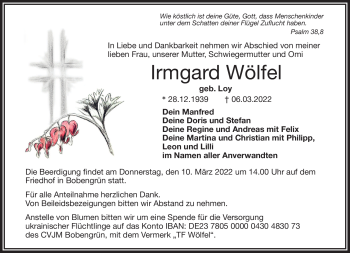 Traueranzeige von Irmgard Wölfel von Frankenpost