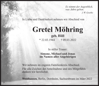Traueranzeige von Gretel Möhring von Südthüringer Presse