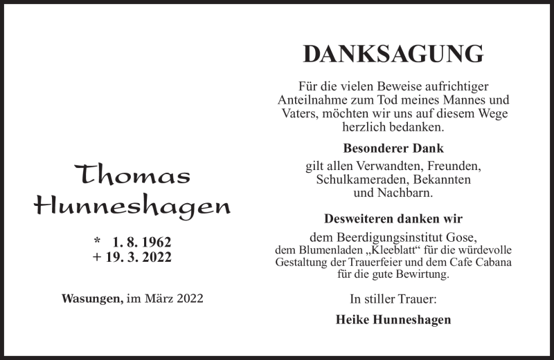  Traueranzeige für Thomas Hunneshagen vom 31.03.2022 aus Südthüringer Presse