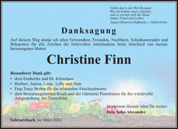 Traueranzeige von Christine Finn von Südthüringer Presse